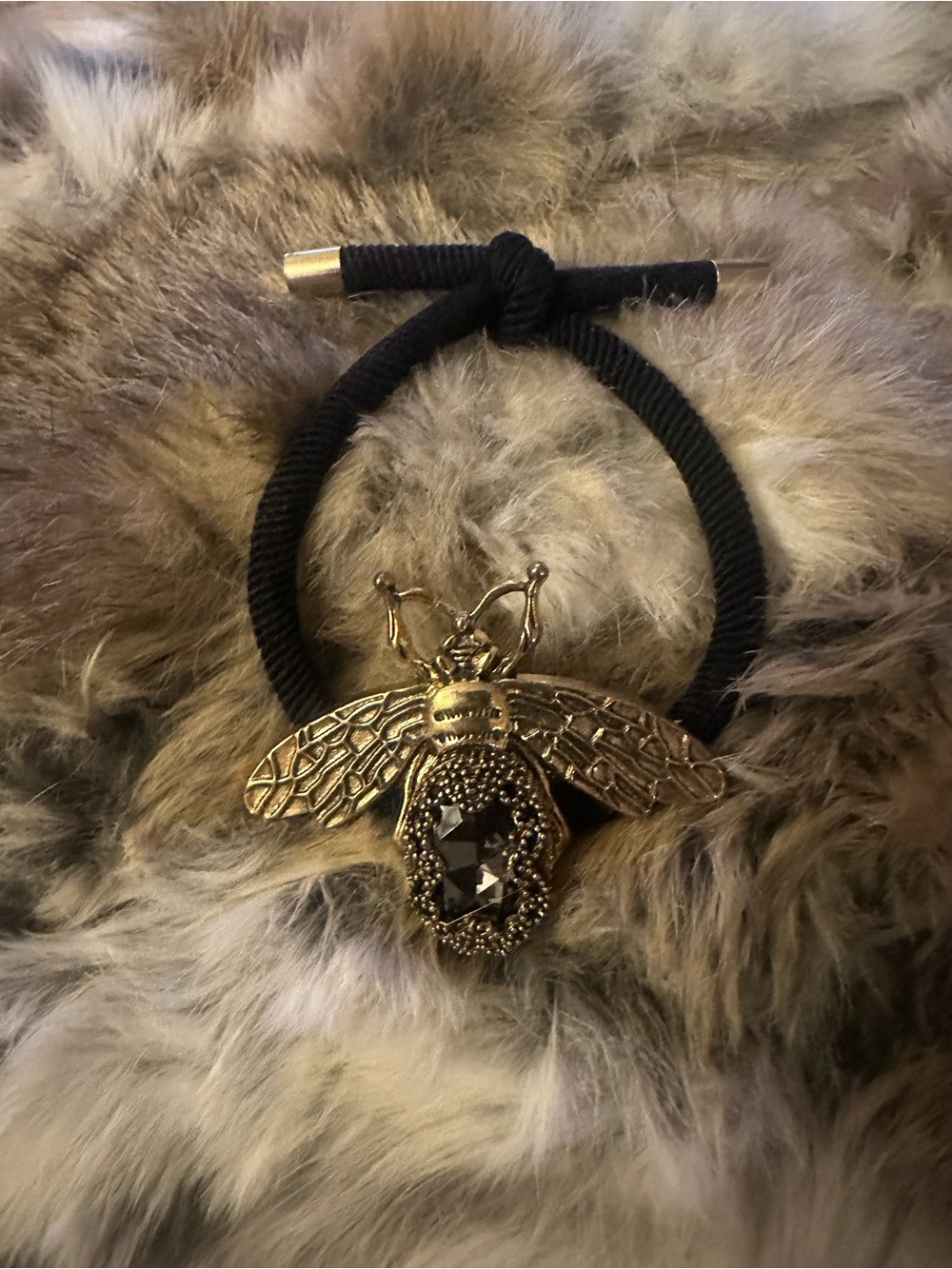 Gold Bee Charm Hair Tie with Black Crystal Accent